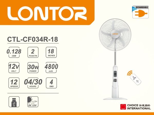 Lontor Rechargeable Standing Fan 18 Inches 30W