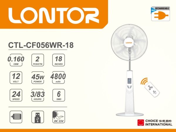 Lontor Rechargeable Standing Fan 18 Inches 45W