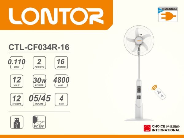 Lontor Rechargeable Standing Fan – 16 Inches